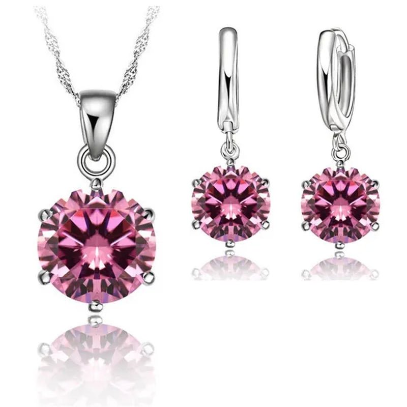 Woman 925 Sterling Silver 8MM Jewelry Sets Cubic Zircon Crystal Lever Back Earrings Pendant Wedding Necklace Nice Gifts 8MM Stone - WORLD TIME VISITS