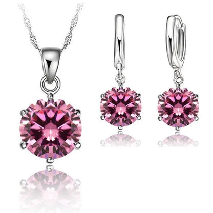 Woman 925 Sterling Silver 8MM Jewelry Sets Cubic Zircon Crystal Lever Back Earrings Pendant Wedding Necklace Nice Gifts 8MM Stone - WORLD TIME VISITS