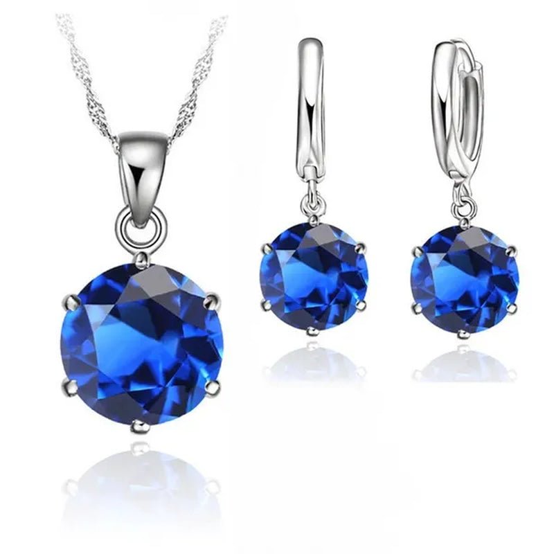 Woman 925 Sterling Silver 8MM Jewelry Sets Cubic Zircon Crystal Lever Back Earrings Pendant Wedding Necklace Nice Gifts 8MM Stone