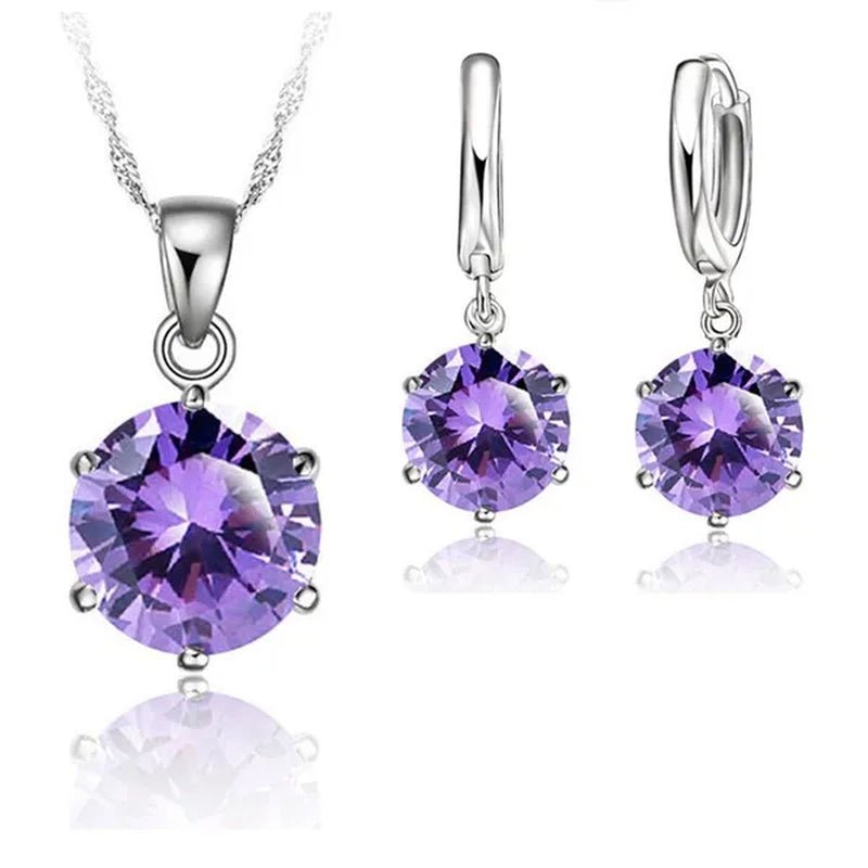 Woman 925 Sterling Silver 8MM Jewelry Sets Cubic Zircon Crystal Lever Back Earrings Pendant Wedding Necklace Nice Gifts 8MM Stone