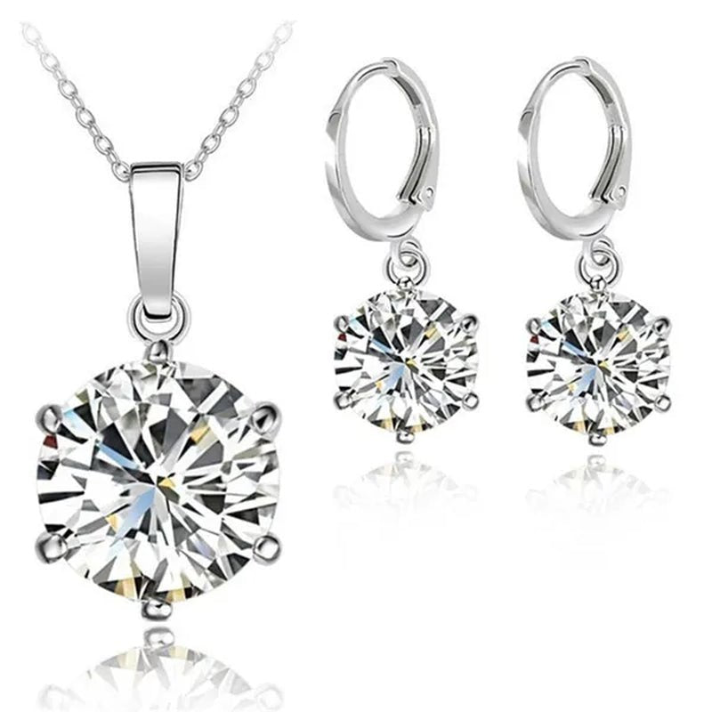 Woman 925 Sterling Silver 8MM Jewelry Sets Cubic Zircon Crystal Lever Back Earrings Pendant Wedding Necklace Nice Gifts 8MM Stone