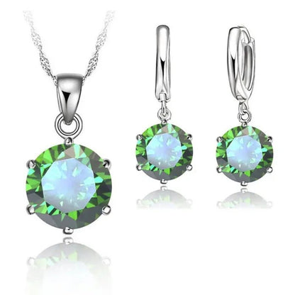 Woman 925 Sterling Silver 8MM Jewelry Sets Cubic Zircon Crystal Lever Back Earrings Pendant Wedding Necklace Nice Gifts 8MM Stone