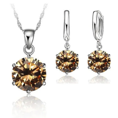 Woman 925 Sterling Silver 8MM Jewelry Sets Cubic Zircon Crystal Lever Back Earrings Pendant Wedding Necklace Nice Gifts 8MM Stone