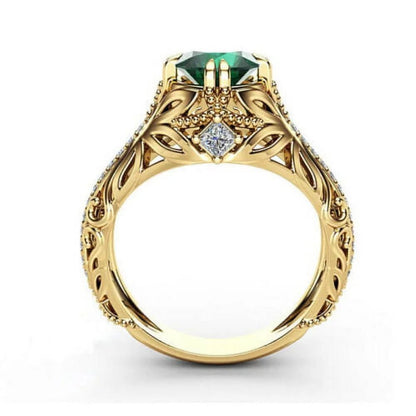 Women 14K Gold Natural Diamond Green Emerald Rings