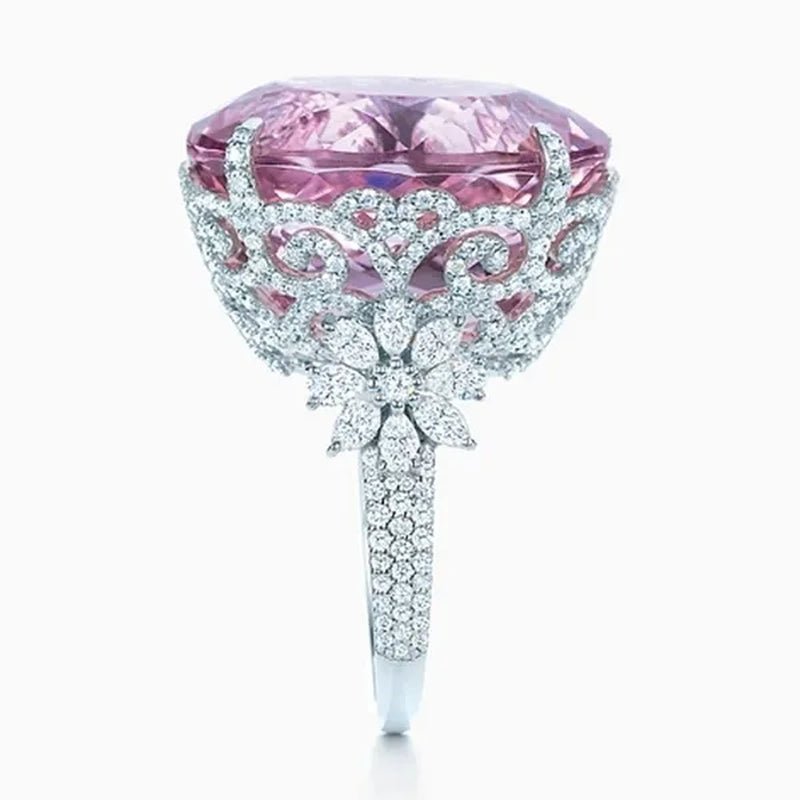 Women 925 Silver Plated Pink CZ Sapphire Wedding Birthstone Bride Flower Jewelry Ring Size 6 - 10 - WORLD TIME VISITS