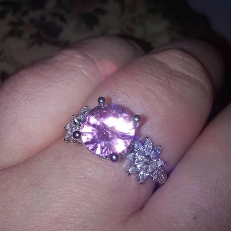 Women 925 Silver Plated Pink CZ Sapphire Wedding Birthstone Bride Flower Jewelry Ring Size 6-10