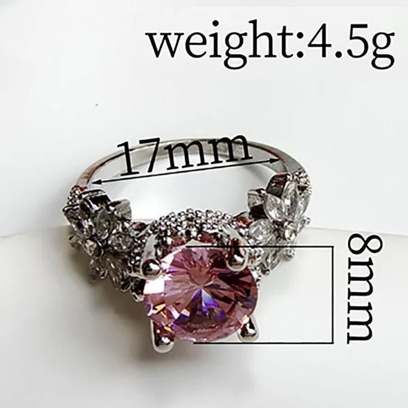 Women 925 Silver Plated Pink CZ Sapphire Wedding Birthstone Bride Flower Jewelry Ring Size 6-10