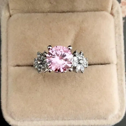 Women 925 Silver Plated Pink CZ Sapphire Wedding Birthstone Bride Flower Jewelry Ring Size 6-10