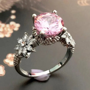 Women 925 Silver Plated Pink CZ Sapphire Wedding Birthstone Bride Flower Jewelry Ring Size 6-10