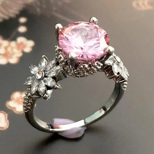Women 925 Silver Plated Pink CZ Sapphire Wedding Birthstone Bride Flower Jewelry Ring Size 6 - 10 - WORLD TIME VISITS