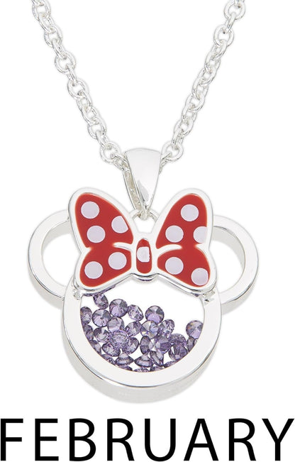 Women and Girls Birthstone Jewelry - Minnie Mouse Cubic Zirconia Shaker Pendant Necklace, Silver Plated, 18+2" Extender