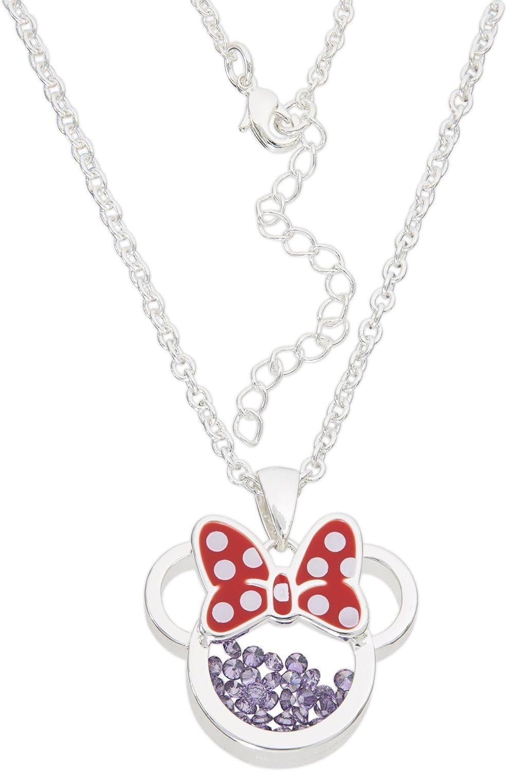 Women and Girls Birthstone Jewelry - Minnie Mouse Cubic Zirconia Shaker Pendant Necklace, Silver Plated, 18+2" Extender