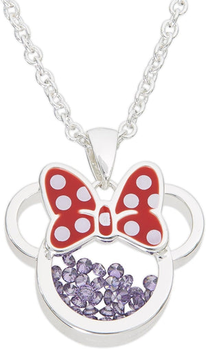 Women and Girls Birthstone Jewelry - Minnie Mouse Cubic Zirconia Shaker Pendant Necklace, Silver Plated, 18+2" Extender