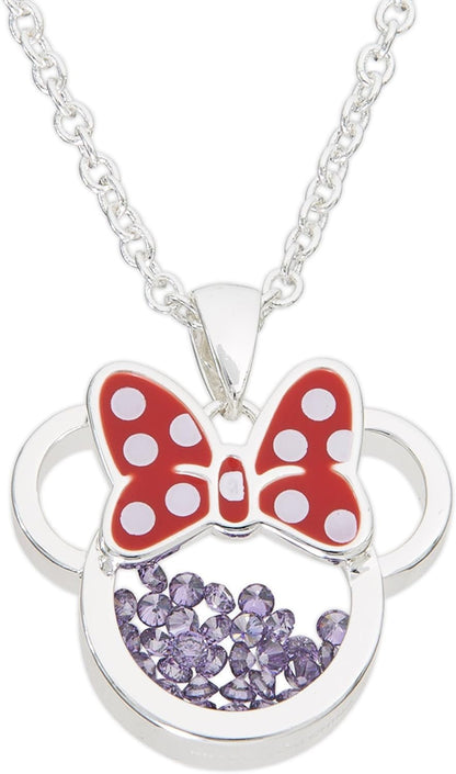 Women and Girls Birthstone Jewelry - Minnie Mouse Cubic Zirconia Shaker Pendant Necklace, Silver Plated, 18+2" Extender - WORLD TIME VISITS