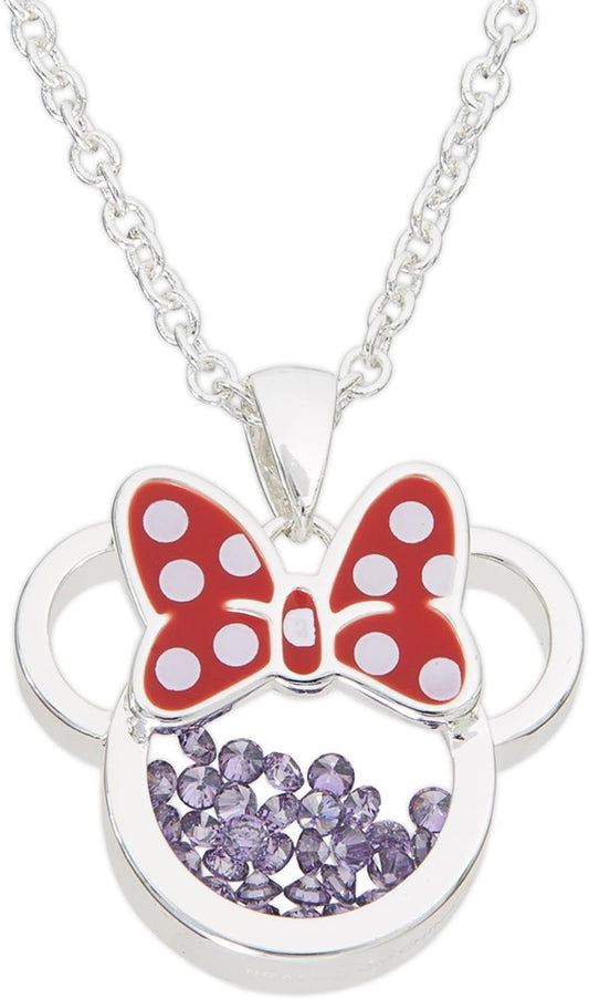 Women and Girls Birthstone Jewelry - Minnie Mouse Cubic Zirconia Shaker Pendant Necklace, Silver Plated, 18+2" Extender - WORLD TIME VISITS
