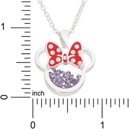 Women and Girls Birthstone Jewelry - Minnie Mouse Cubic Zirconia Shaker Pendant Necklace, Silver Plated, 18+2" Extender