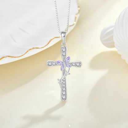 Women Butterfly Cross Necklace 925 Sterling Silver Crucifix Pendant Birthstones Jewelry Christmas Birthday Gift for Mom Wife Lover - WORLD TIME VISITS