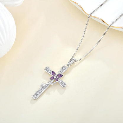 Women Butterfly Cross Necklace 925 Sterling Silver Crucifix Pendant Birthstones Jewelry Christmas Birthday Gift for Mom Wife Lover