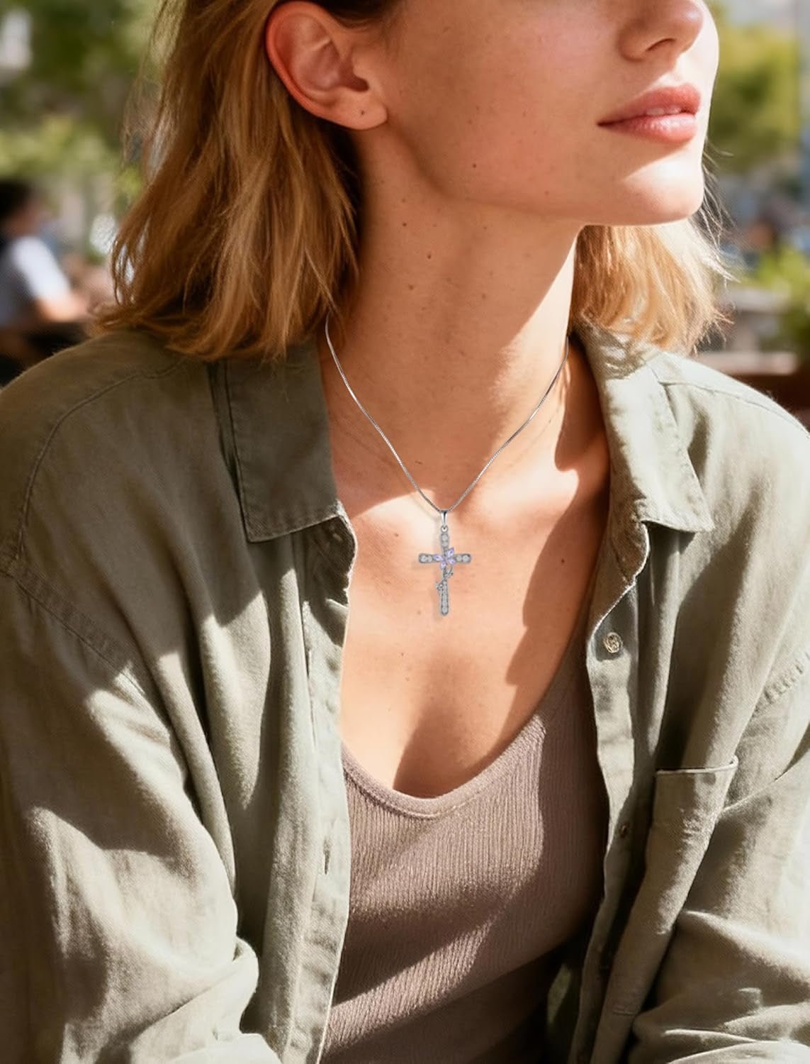 Women Butterfly Cross Necklace 925 Sterling Silver Crucifix Pendant Birthstones Jewelry Christmas Birthday Gift for Mom Wife Lover