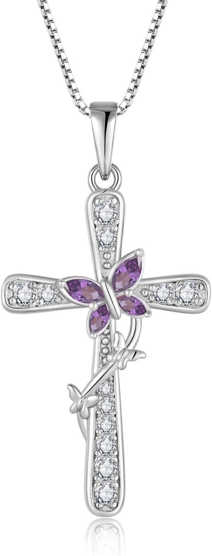 Women Butterfly Cross Necklace 925 Sterling Silver Crucifix Pendant Birthstones Jewelry Christmas Birthday Gift for Mom Wife Lover - WORLD TIME VISITS