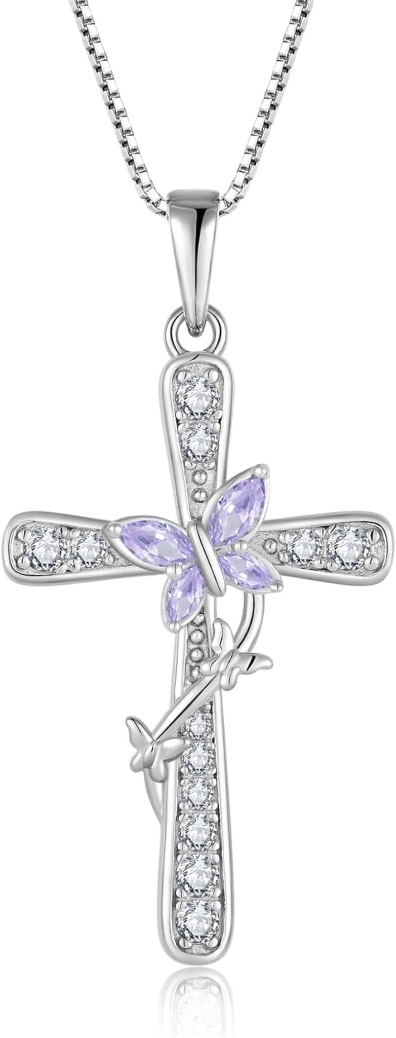 Women Butterfly Cross Necklace 925 Sterling Silver Crucifix Pendant Birthstones Jewelry Christmas Birthday Gift for Mom Wife Lover - WORLD TIME VISITS
