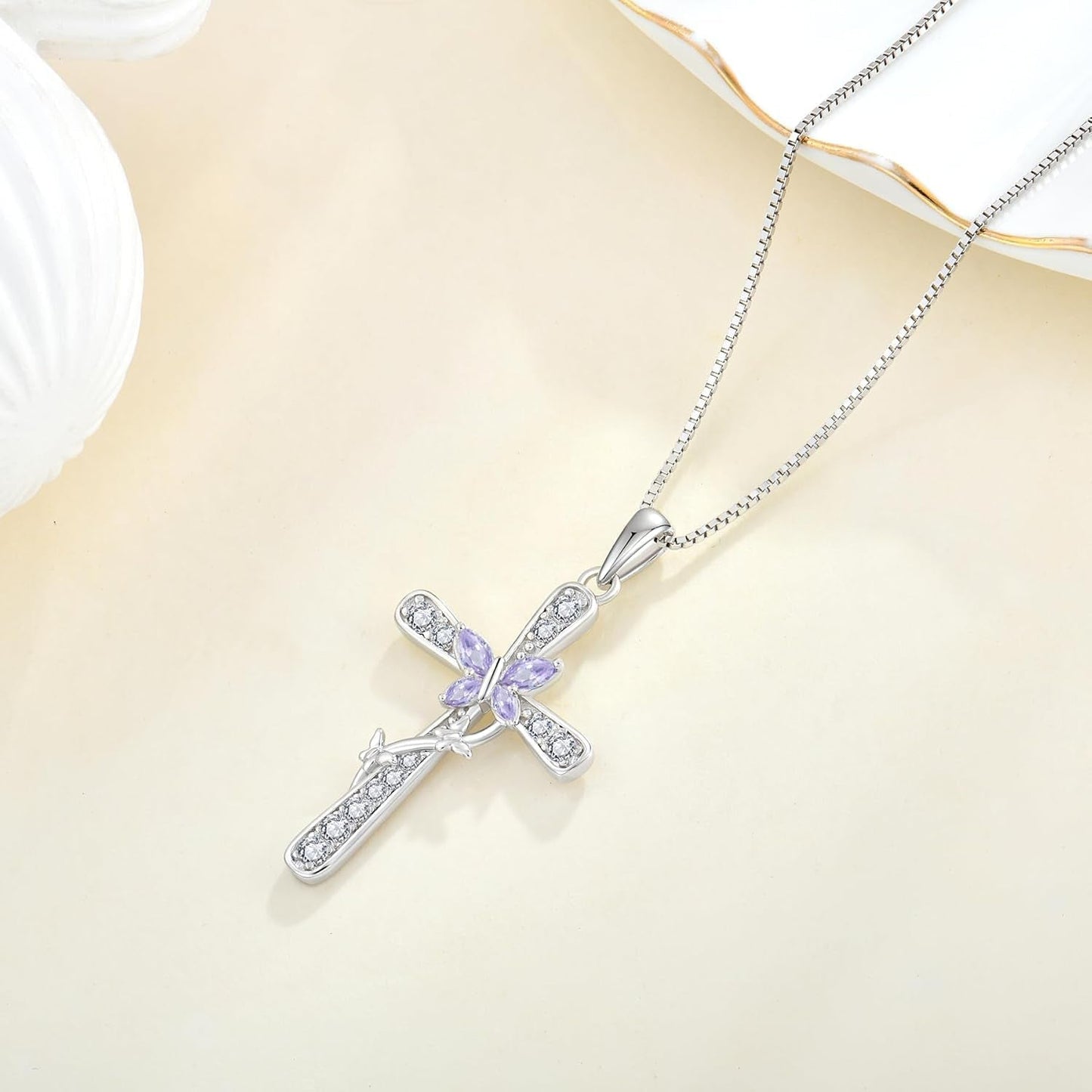 Women Butterfly Cross Necklace 925 Sterling Silver Crucifix Pendant Birthstones Jewelry Christmas Birthday Gift for Mom Wife Lover