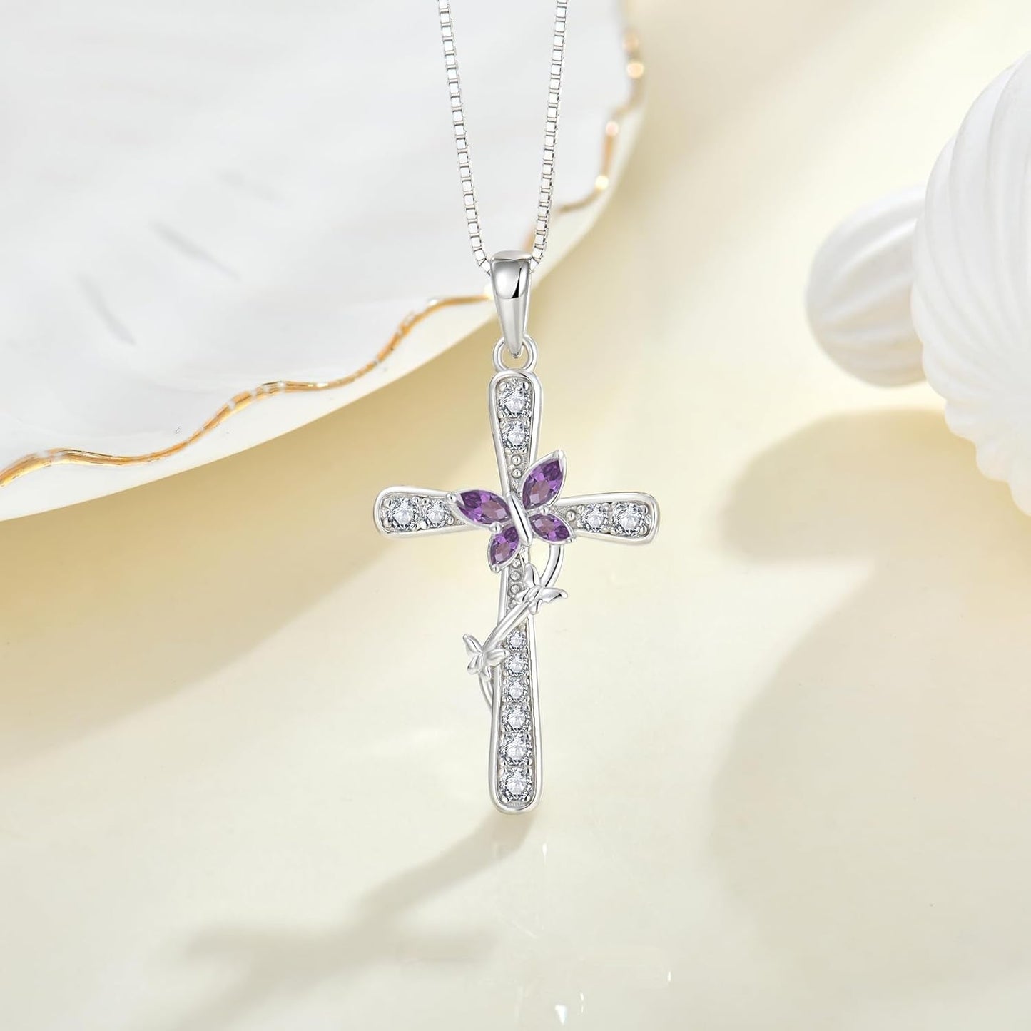 Women Butterfly Cross Necklace 925 Sterling Silver Crucifix Pendant Birthstones Jewelry Christmas Birthday Gift for Mom Wife Lover - WORLD TIME VISITS