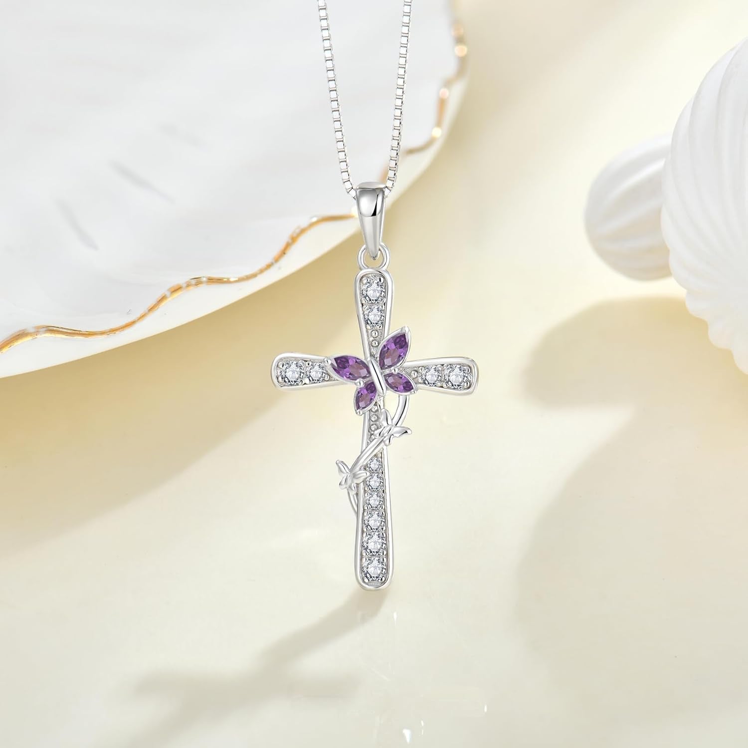 Women Butterfly Cross Necklace 925 Sterling Silver Crucifix Pendant Birthstones Jewelry Christmas Birthday Gift for Mom Wife Lover - WORLD TIME VISITS