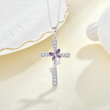 Women Butterfly Cross Necklace 925 Sterling Silver Crucifix Pendant Birthstones Jewelry Christmas Birthday Gift for Mom Wife Lover - WORLD TIME VISITS
