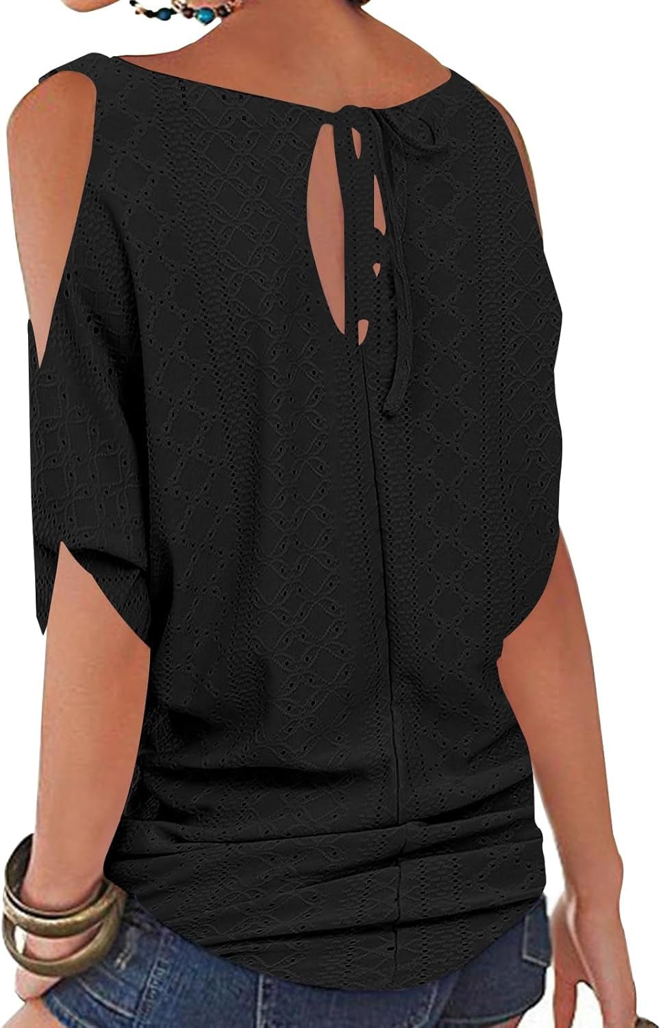 Women Cold Shoulder O - Neck Short Sleeve Loose Fit Summer Shirt Blouse Tops - WORLD TIME VISITS