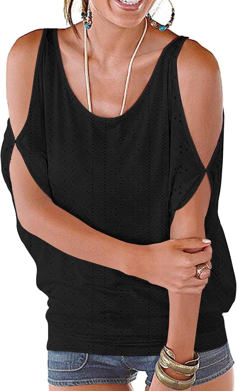 Women Cold Shoulder O - Neck Short Sleeve Loose Fit Summer Shirt Blouse Tops - WORLD TIME VISITS