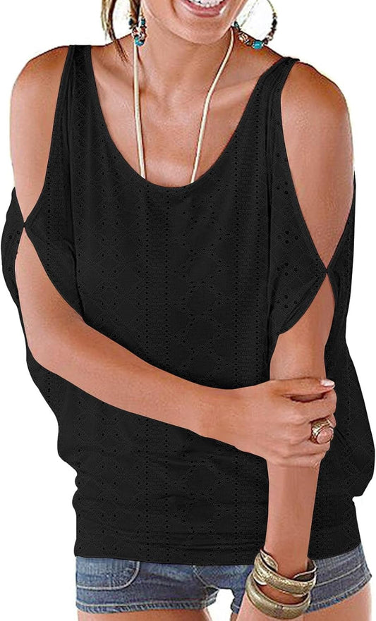 Women Cold Shoulder O - Neck Short Sleeve Loose Fit Summer Shirt Blouse Tops - WORLD TIME VISITS