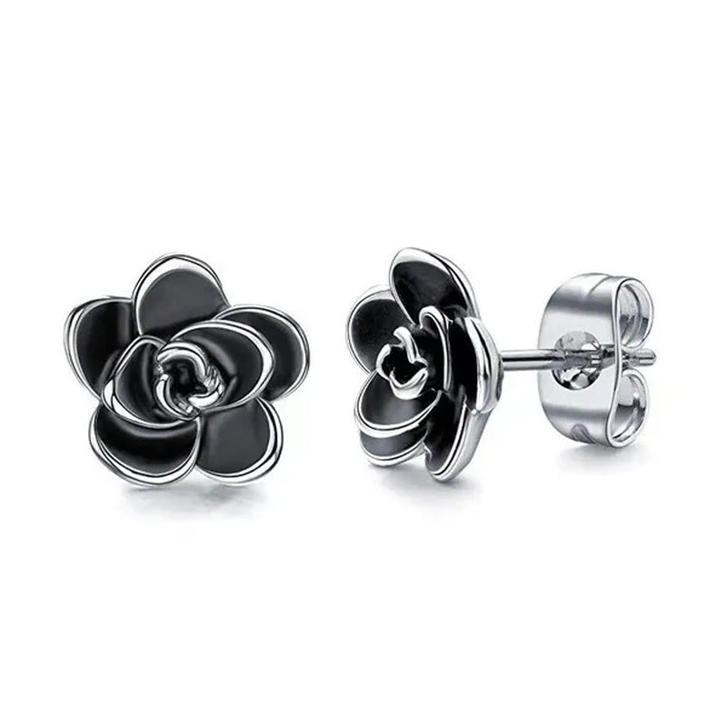 Women Fashion Black and White Rose Gold Camellia Vintage Flower Earring Stud Earrings