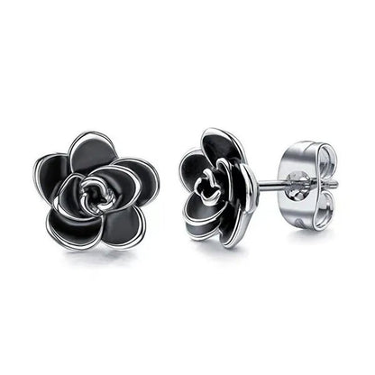 Women Fashion Black and White Rose Gold Camellia Vintage Flower Earring Stud Earrings