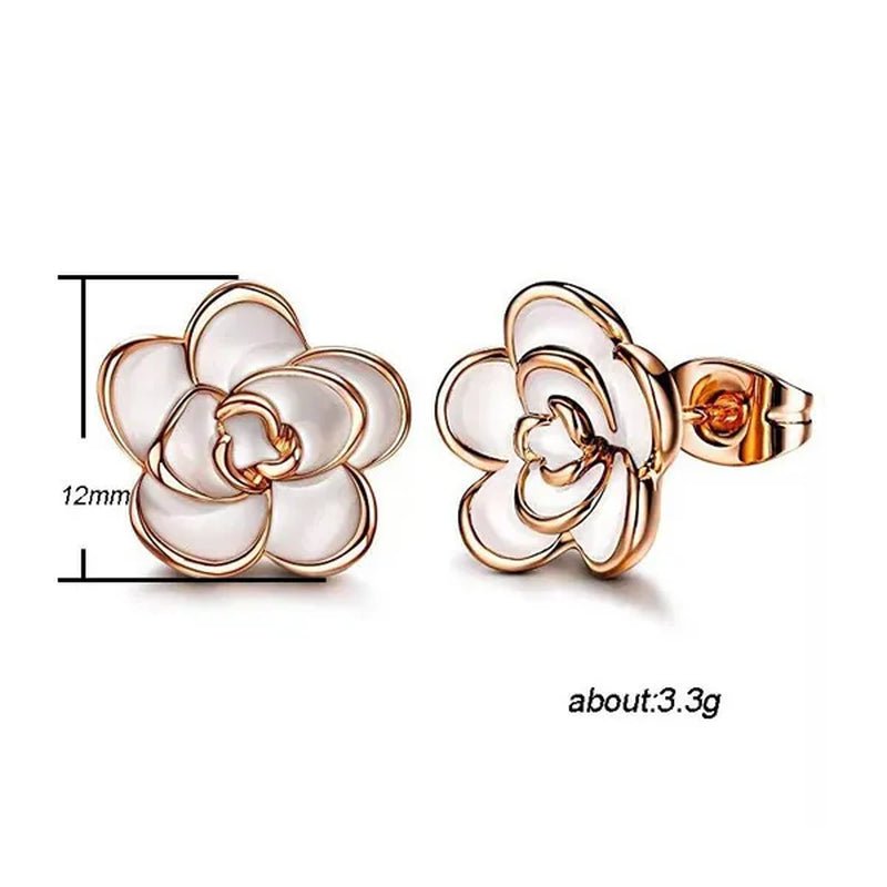 Women Fashion Black and White Rose Gold Camellia Vintage Flower Earring Stud Earrings