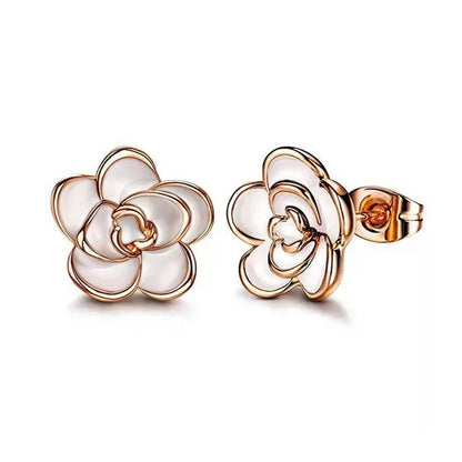 Women Fashion Black and White Rose Gold Camellia Vintage Flower Earring Stud Earrings