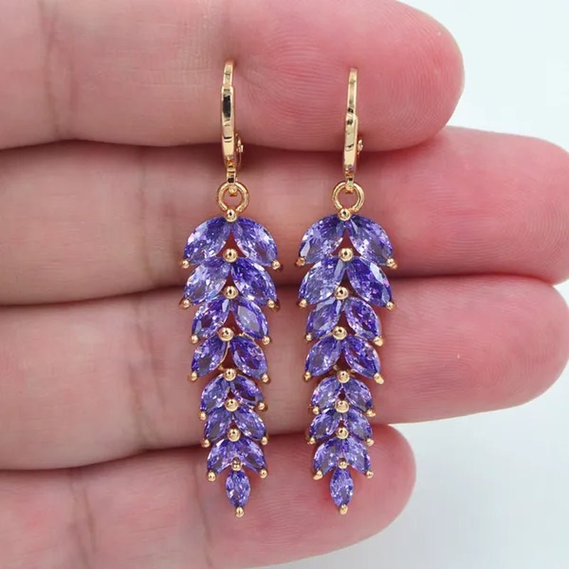 Women Fashion Luxury Purple Cubic Zirconia CZ Leaf Dangle Engagement Earrings Jewelry - WORLD TIME VISITS