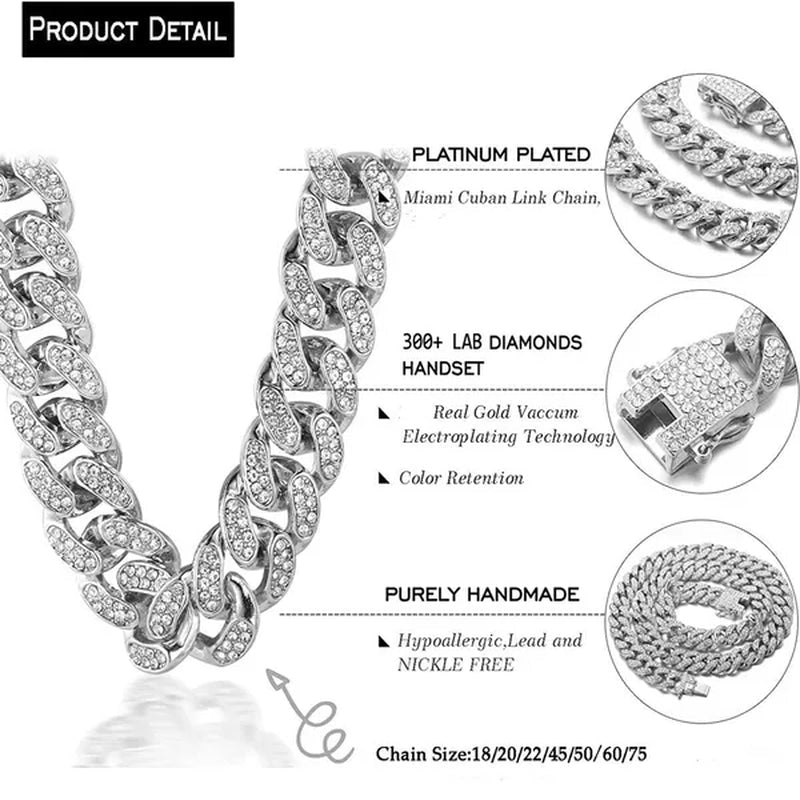 Women Mens Cuban Link Chain Gold Silver Bling Miami Cuban Necklace Diamond Chain for Men Iced-Out Hip Hop Jewelry