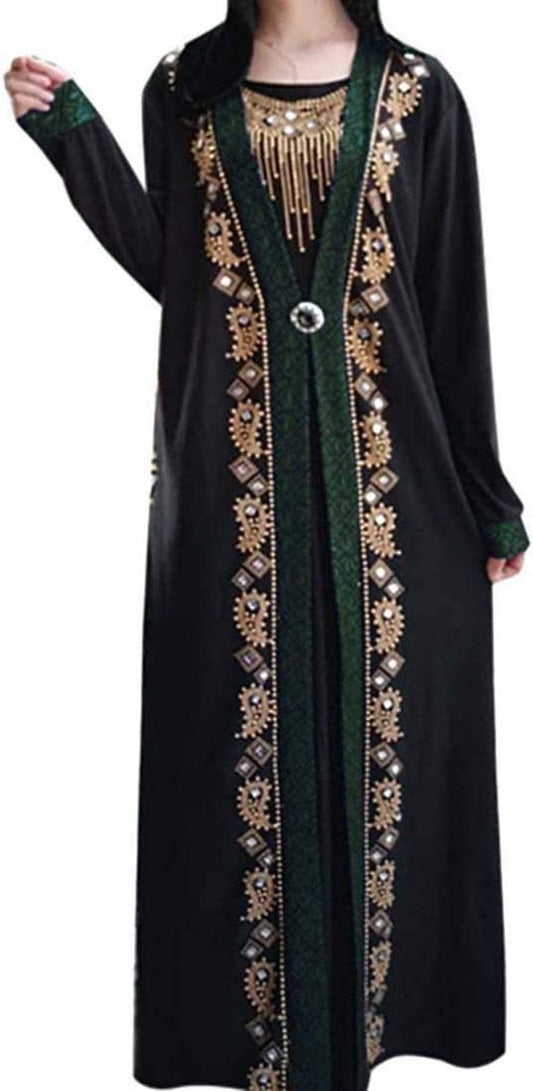 Women Muslim Dress Middle East Arabian Robe Islamic Abaya Long Sleeve Rhinestones Embroidered Cardigan Dress - WORLD TIME VISITS