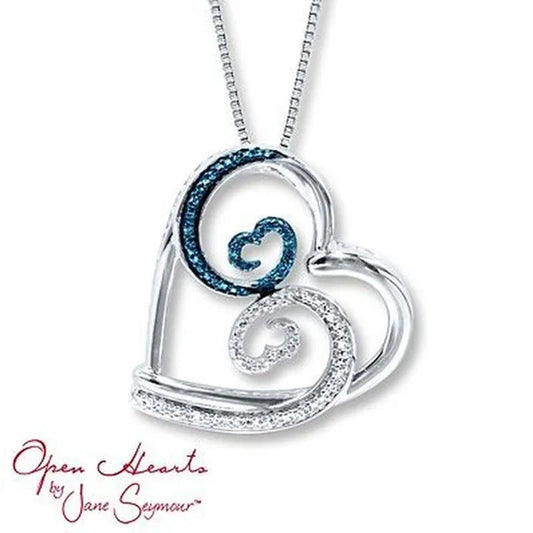 Women Necklace 925 Silver Inlay Diamond Sapphire Open Heart Pendant Necklace Lover Birthday Party Romantic Jewelry Gift - WORLD TIME VISITS