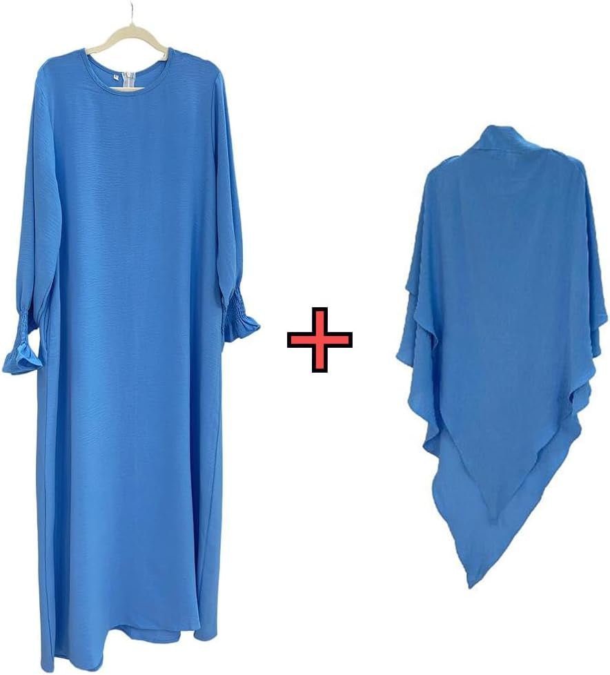 Women Prayer Dress Muslim Ramadan Garment Abaya Dubai Islam Jilbeb 2 Piece Set Layered Khimar Scarf Hijab and Long Dress - WORLD TIME VISITS