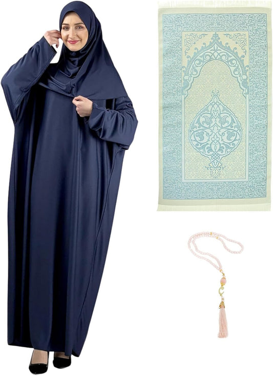 Women Prayer Dress with Hijab Rug Tasbih Muslim Set Islamic Clothes Abaya Jilbab Dubai Kaftan for Eid Ramadan - WORLD TIME VISITS