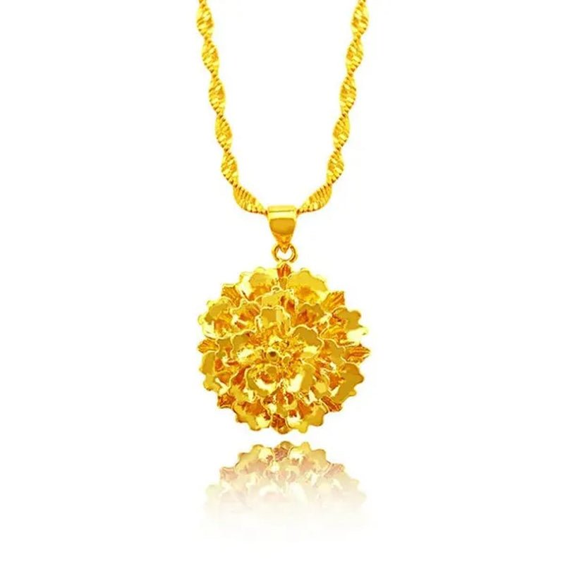 Women Wedding Jewelry Real 18 K Gold Flower Design Pendant Chain Necklace 16 - 30 Inch （Water Wave Chain） - WORLD TIME VISITS