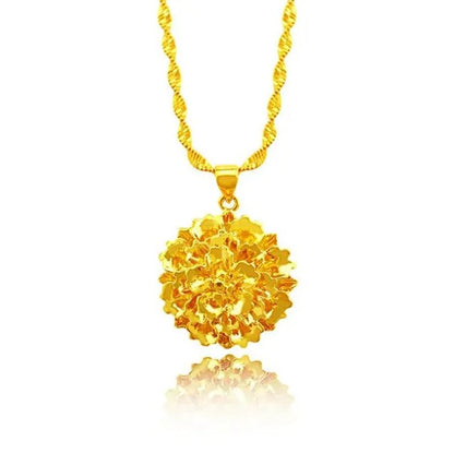 Women Wedding Jewelry Real 18 K Gold Flower Design Pendant Chain Necklace 16 - 30 Inch （Water Wave Chain） - WORLD TIME VISITS
