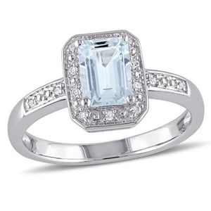 Women'S 1 Carat T.G.W. Emerald-Cut Aquamarine and Diamond Sterling Silver Cocktail Ring