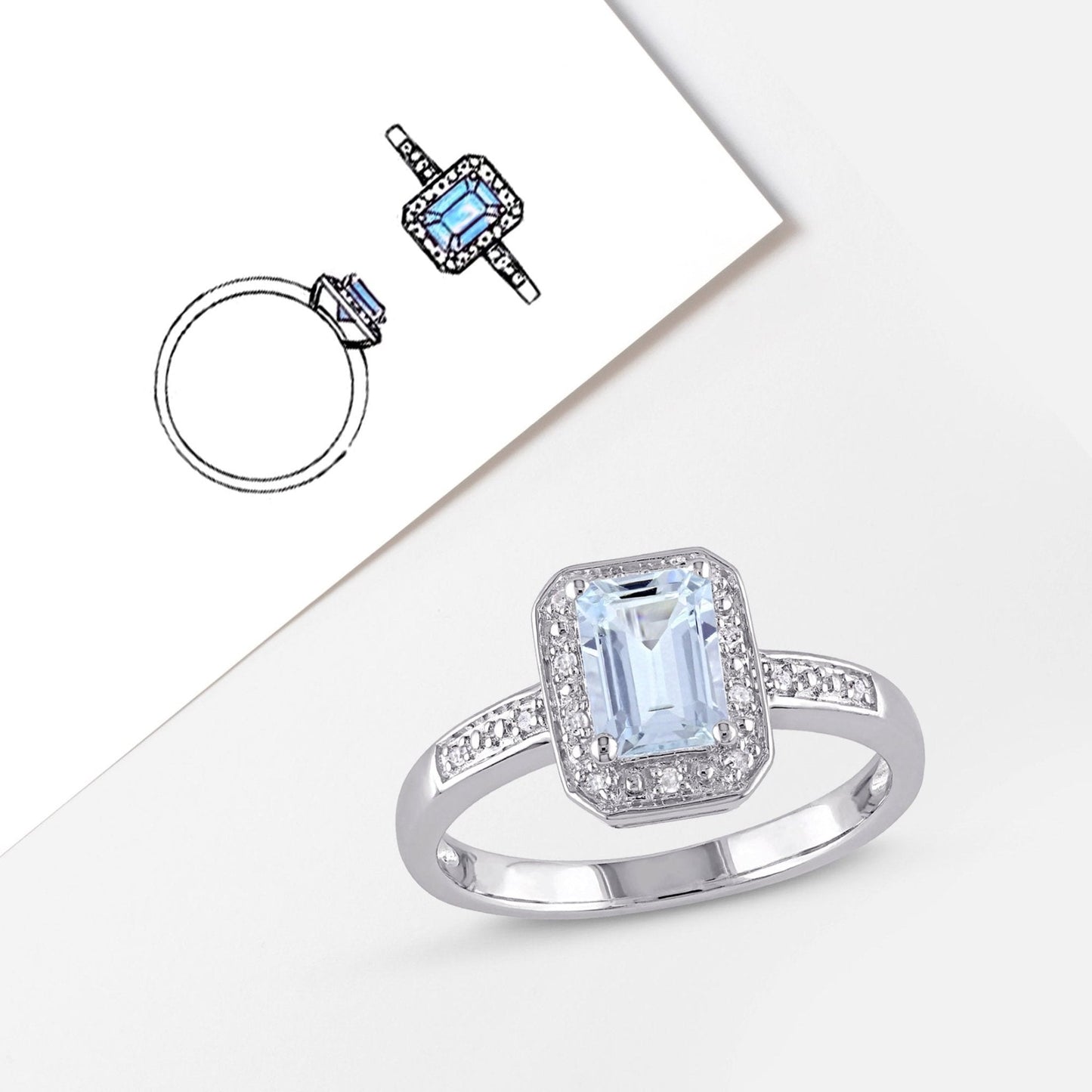 Women'S 1 Carat T.G.W. Emerald-Cut Aquamarine and Diamond Sterling Silver Cocktail Ring