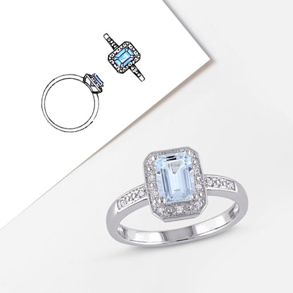 Women'S 1 Carat T.G.W. Emerald-Cut Aquamarine and Diamond Sterling Silver Cocktail Ring