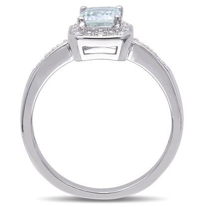 Women'S 1 Carat T.G.W. Emerald-Cut Aquamarine and Diamond Sterling Silver Cocktail Ring