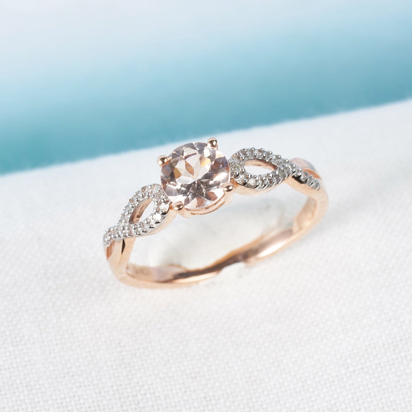 Women'S 1 CT Morganite & 1/10 CT T.W. Diamond 10Kt Rose Gold Infinity Engagement Ring - WORLD TIME VISITS