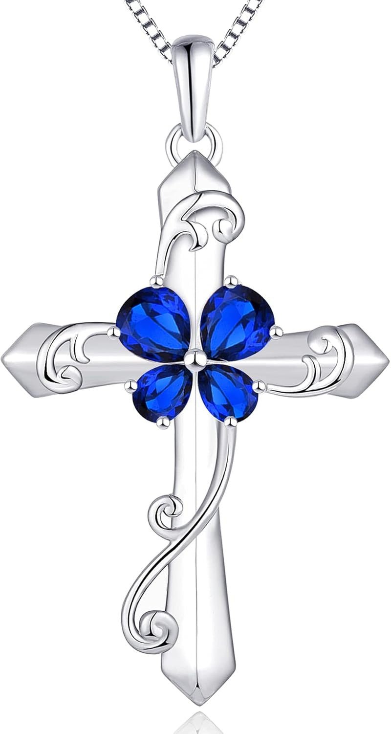 Women'S Butterfly Cross Necklace Sterling Silver Birthstones Leaves Pendant Crucifix Jewelry for Women - WORLD TIME VISITS